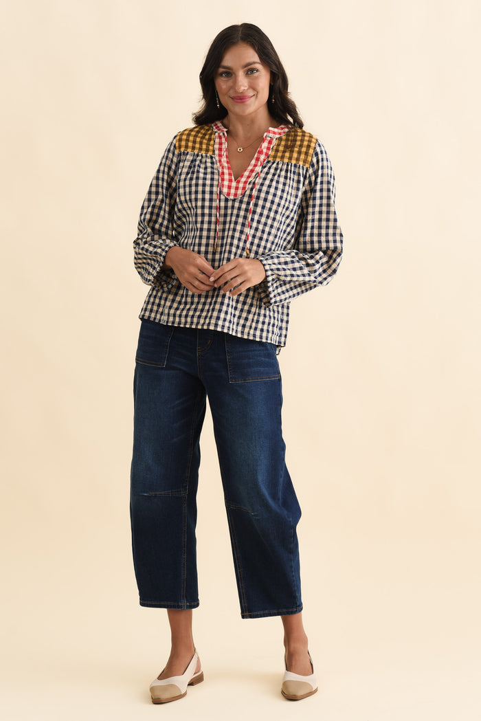 Billie Navy Check Cotton Top,Brunette model,alt text|model:Brontie