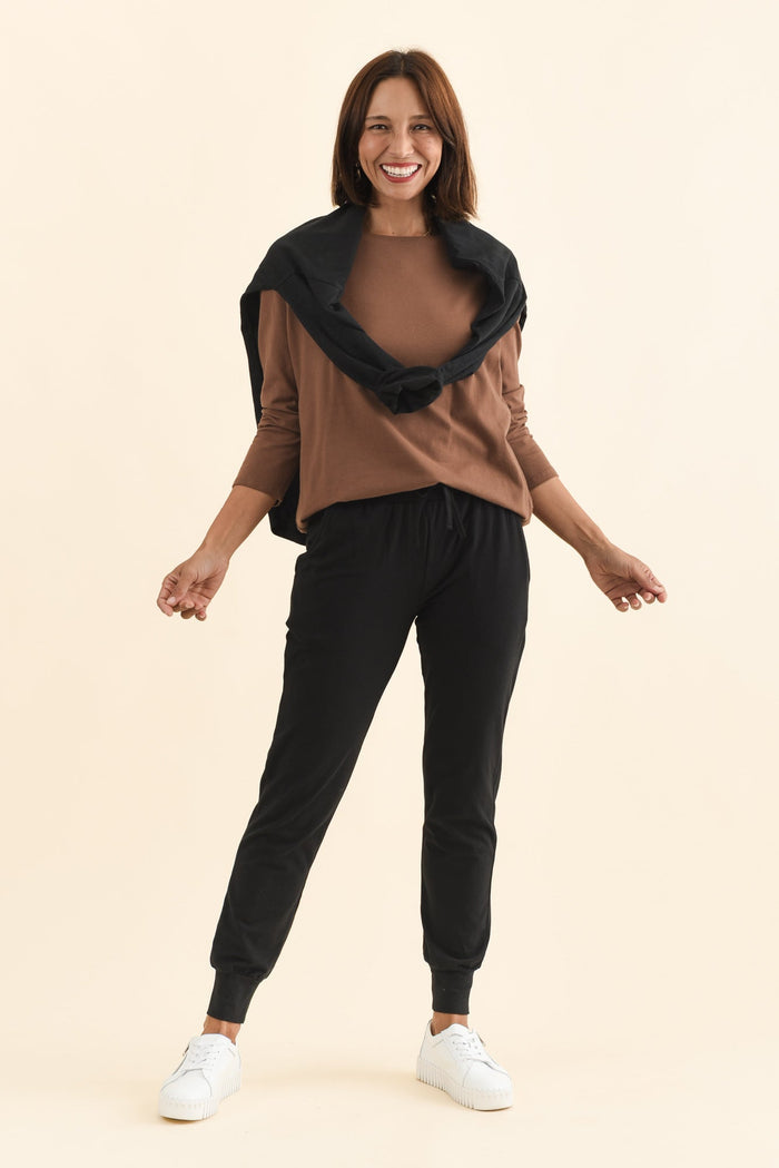 Black Cotton Everyday Tie Sweatpants,Brunette model,alt text|model:Cara