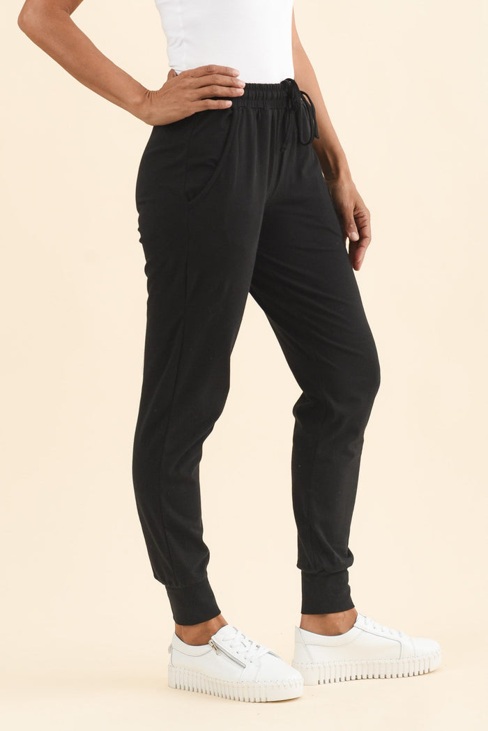 Black Cotton Everyday Tie Sweatpants,Brunette model,alt text|model:Cara