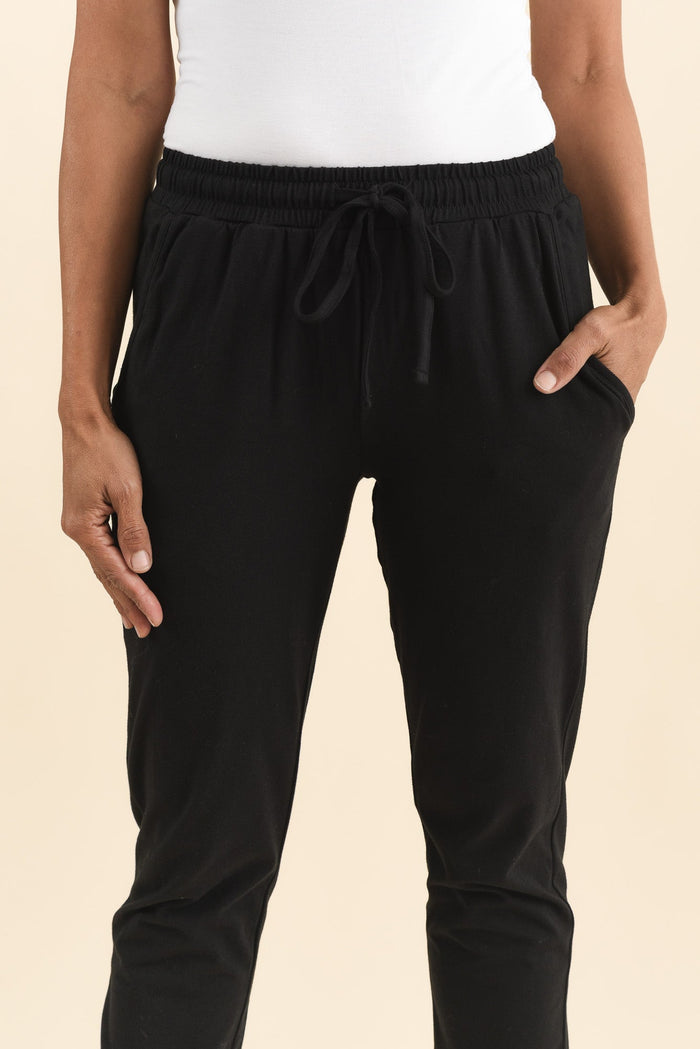 Black Cotton Everyday Tie Sweatpants,Brunette model,alt text|model:Cara