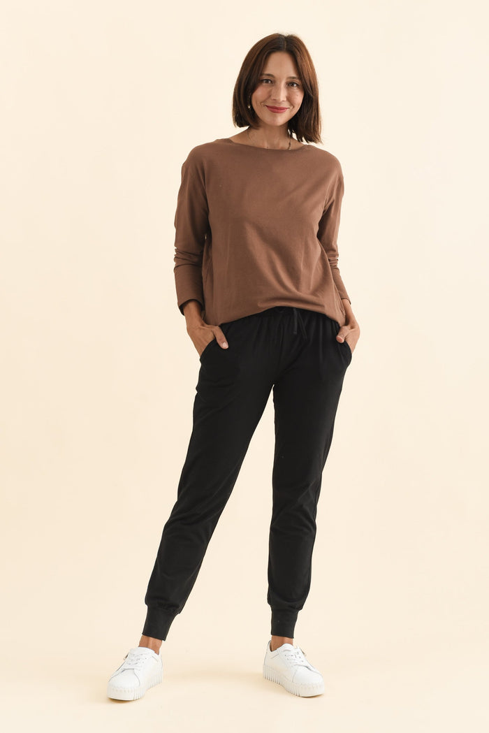 Black Cotton Everyday Tie Sweatpants,Brunette model,alt text|model:Cara
