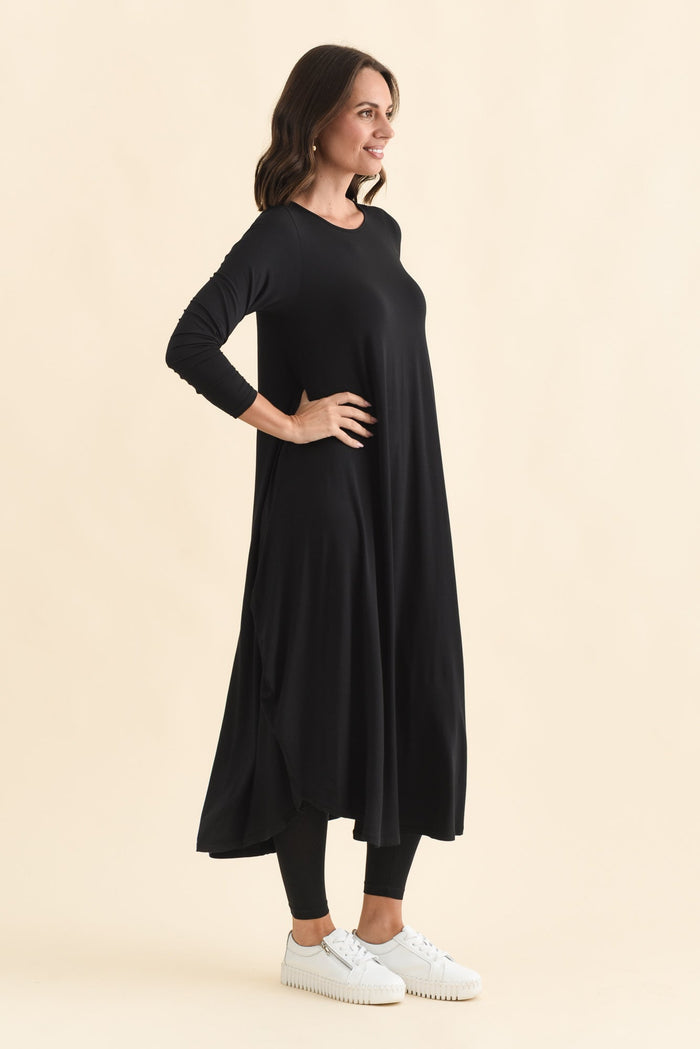 Black Long Sleeved Micro Modal Drape Dress,Brunette model,alt text|model:MJ