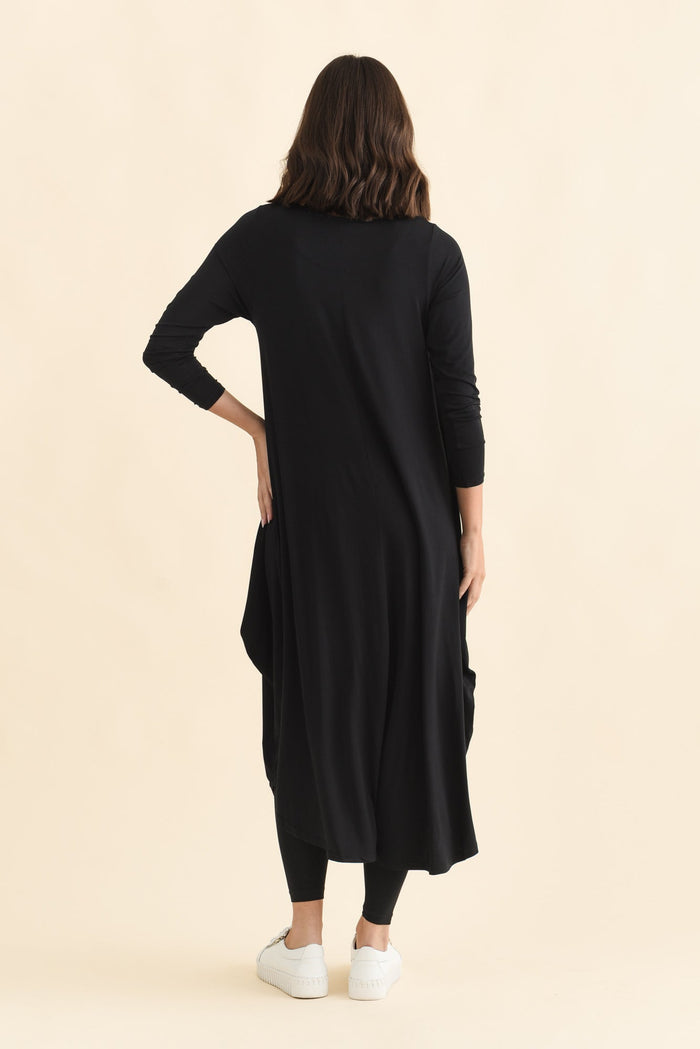 Black Long Sleeved Micro Modal Drape Dress,Brunette model,alt text|model:MJ