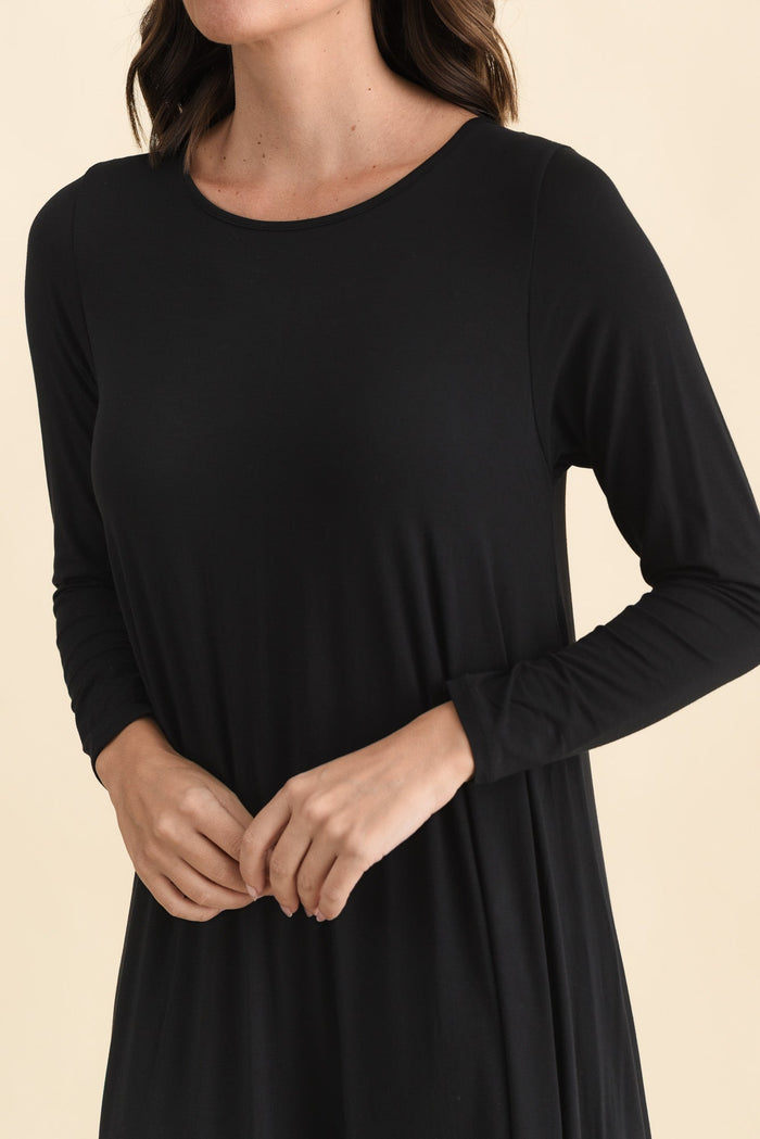 Black Long Sleeved Micro Modal Drape Dress,Brunette model,alt text|model:MJ