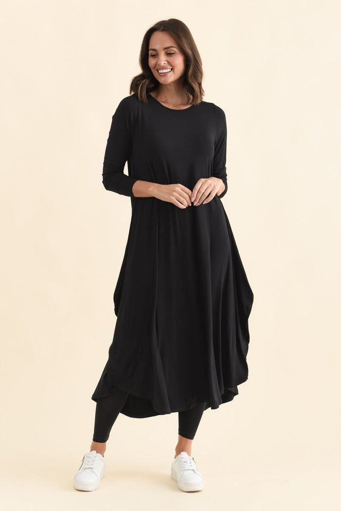 Black Long Sleeved Micro Modal Drape Dress,Brunette model,alt text|model:MJ