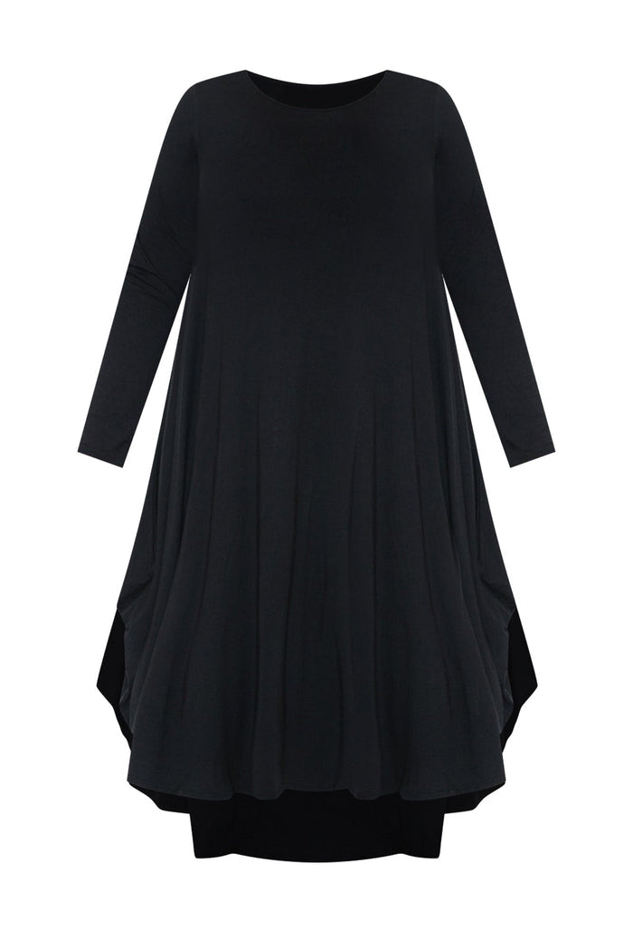 Black Long Sleeved Micro Modal Drape Dress,ghost-mani