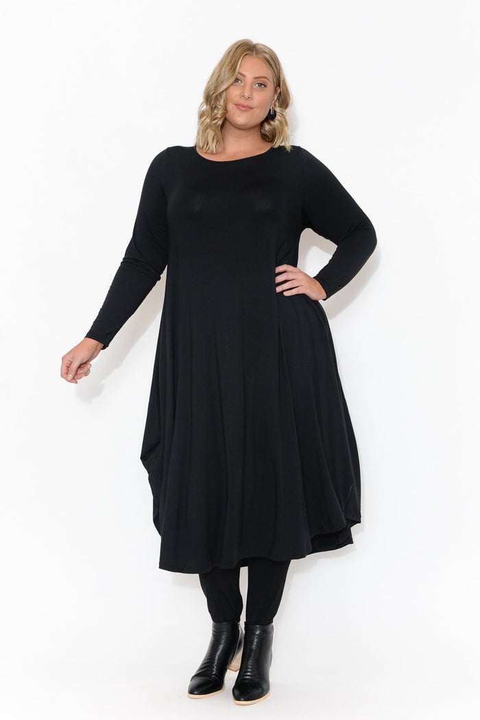 Black Long Sleeved Micro Modal Drape Dress,Blonde model,alt text|model:Caitlin