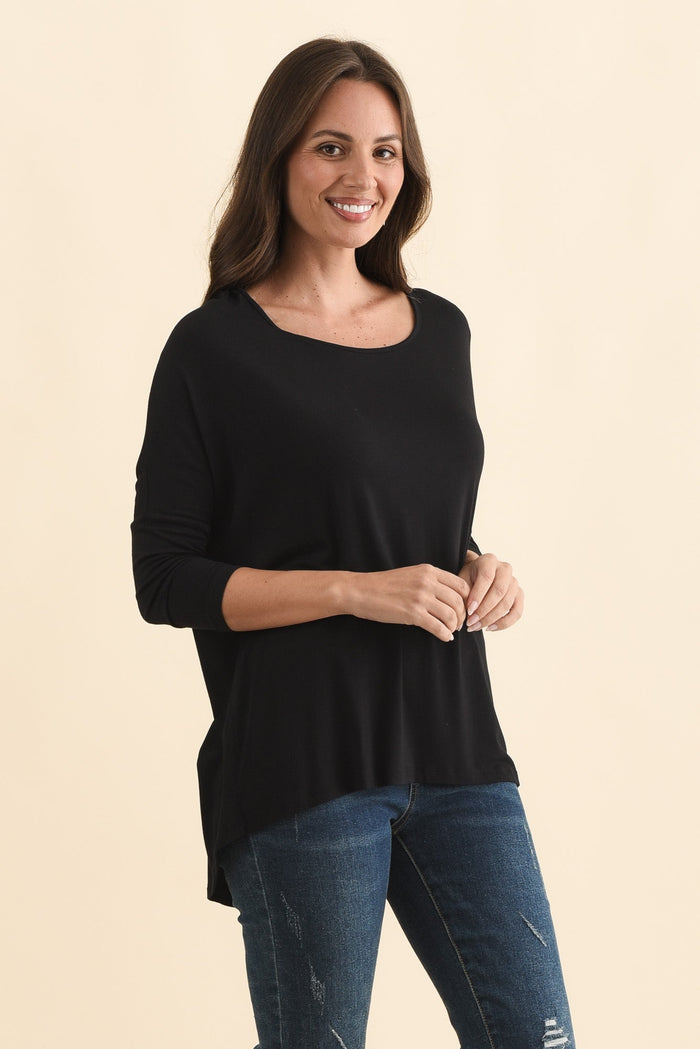 Black Milan 3/4 Sleeve Top,Brunette model,alt text|model:MJ