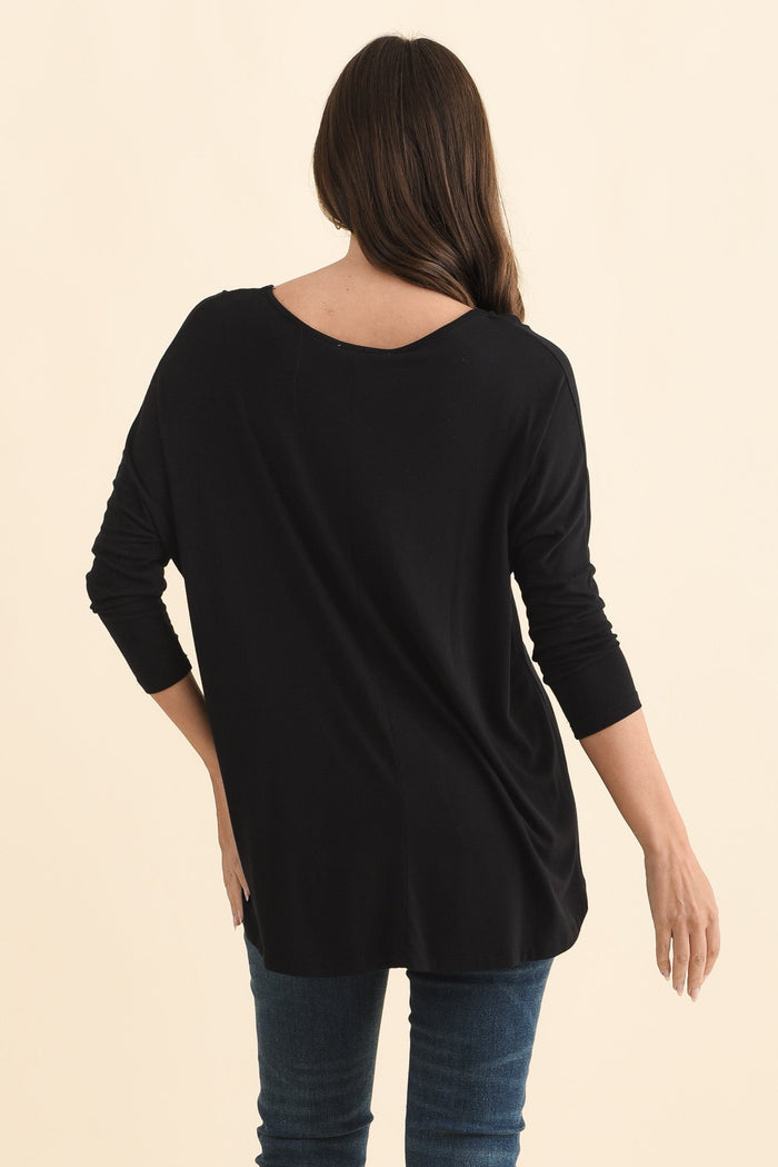 Black Milan 3/4 Sleeve Top,Brunette model,alt text|model:MJ