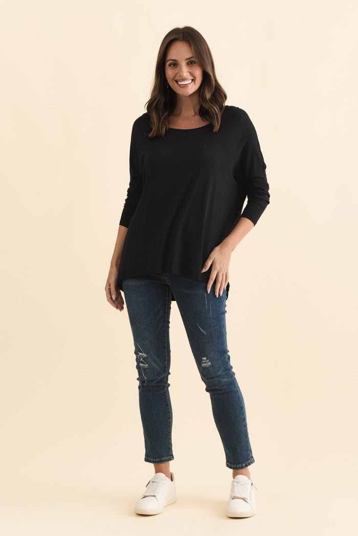 Black Milan 3/4 Sleeve Top,Brunette model,alt text|model:MJ