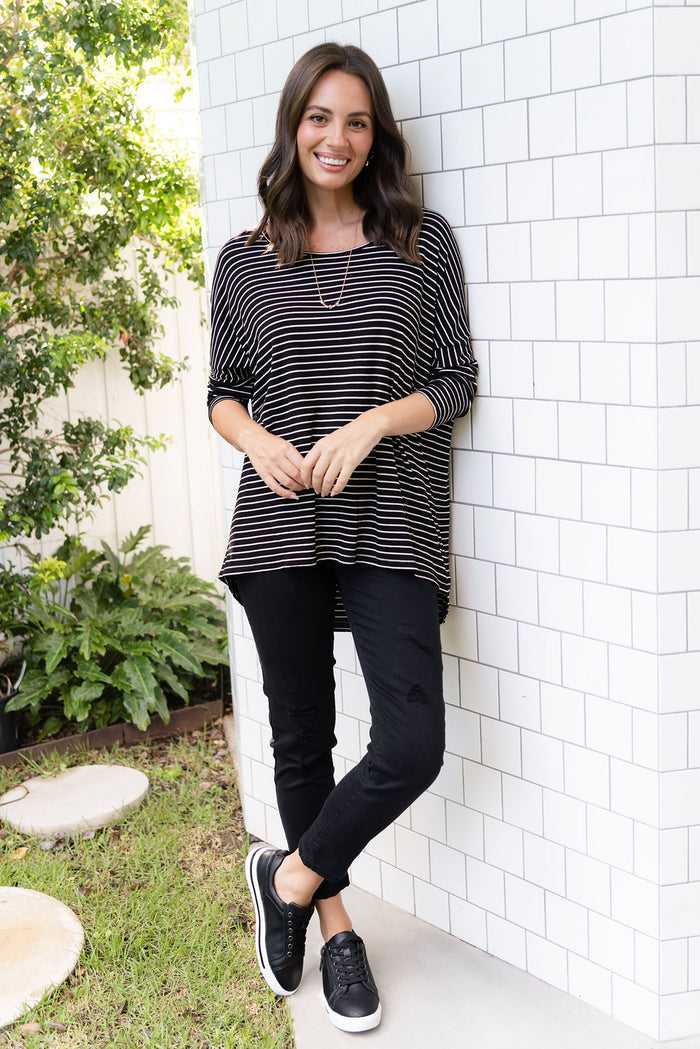 Black Stripe Milan 3/4 Sleeve Top,Lifestyle