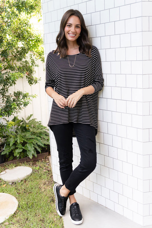 Black Stripe Milan 3/4 Sleeve Top,Lifestyle