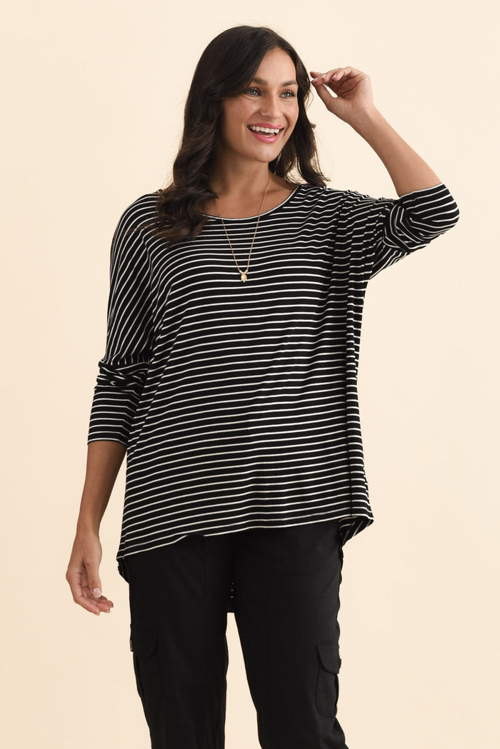 Black Stripe Milan 3/4 Sleeve Top,Brunette model,alt text|model:Brontie