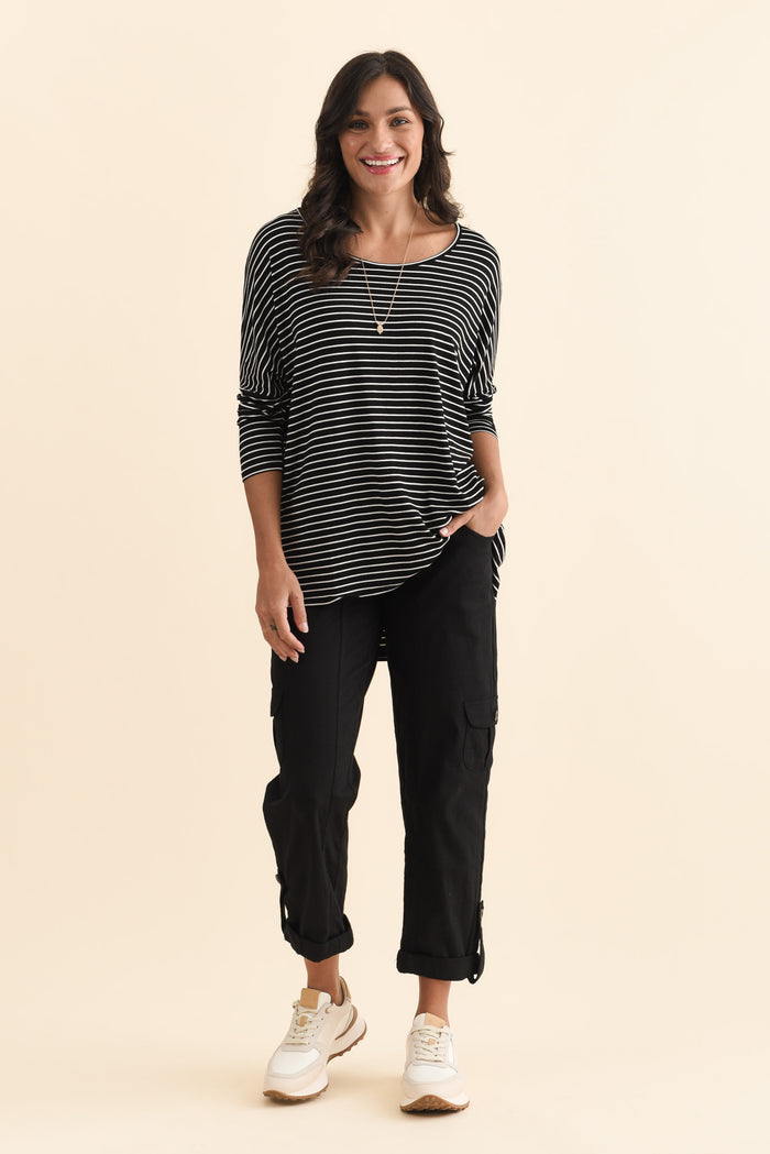 Black Stripe Milan 3/4 Sleeve Top,Brunette model,alt text|model:Brontie