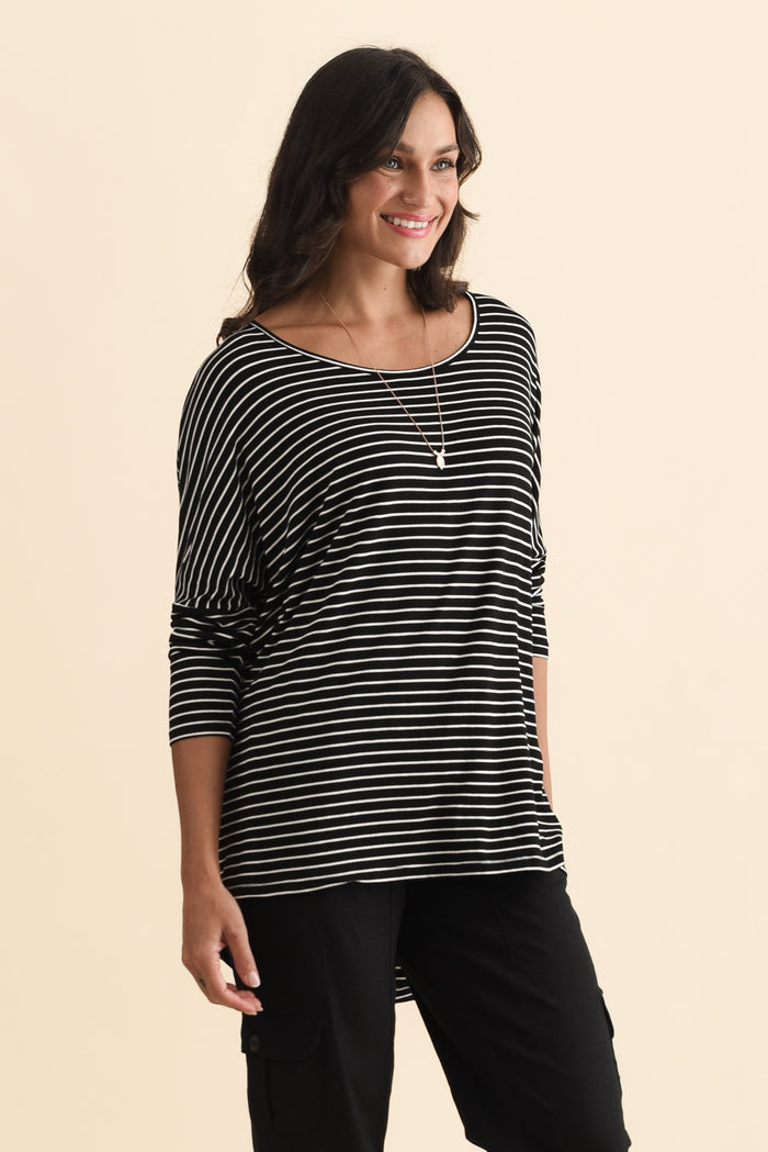Black Stripe Milan 3/4 Sleeve Top,Brunette model,alt text|model:Brontie