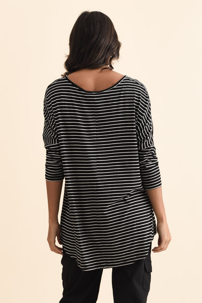 Black Stripe Milan 3/4 Sleeve Top,Brunette model,alt text|model:Brontie