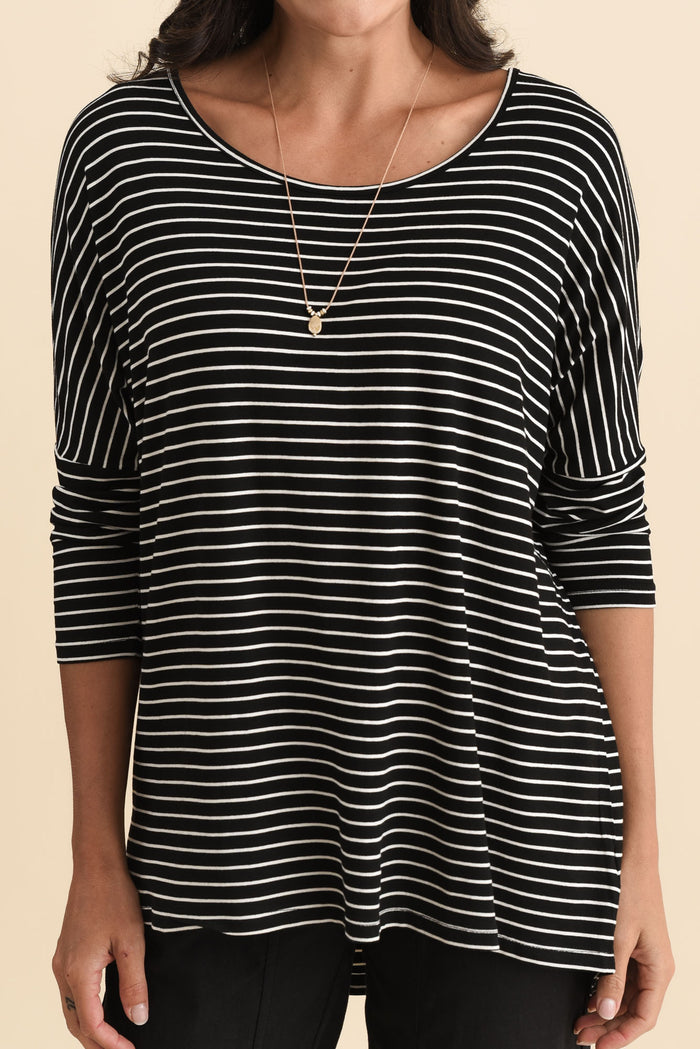 Black Stripe Milan 3/4 Sleeve Top,Brunette model,alt text|model:Brontie