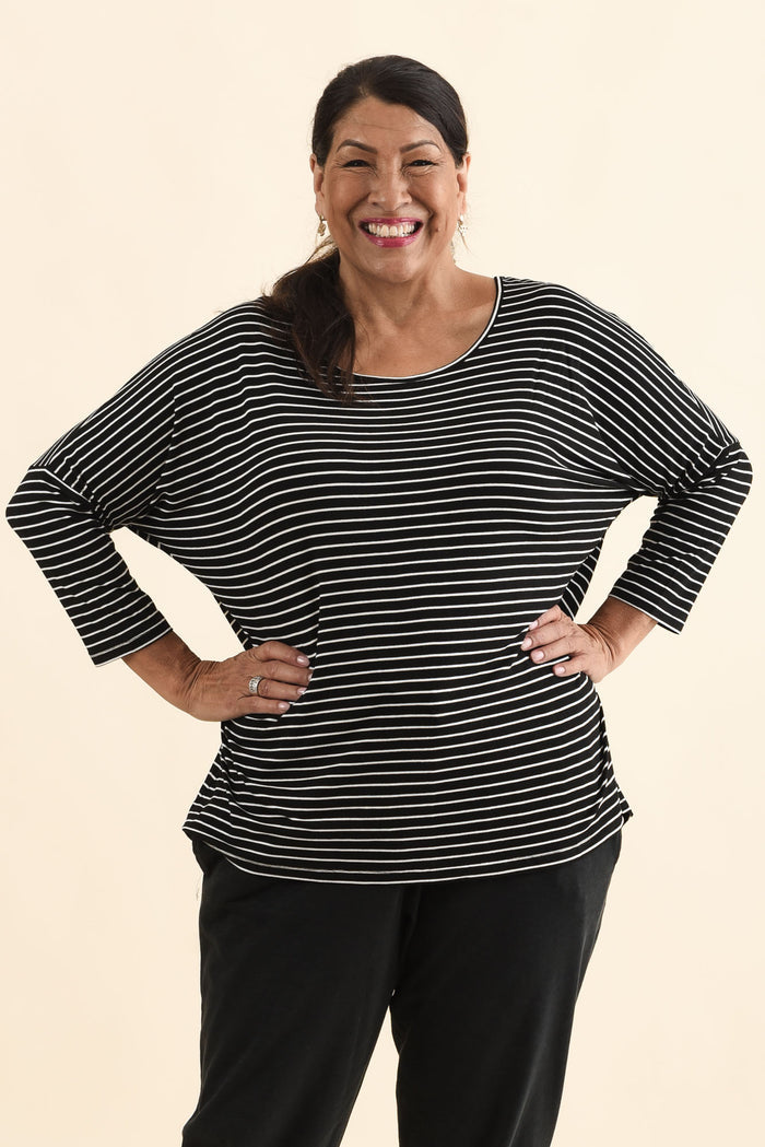 Black Stripe Milan 3/4 Sleeve Top,Brunette model,alt text|model:Pilita