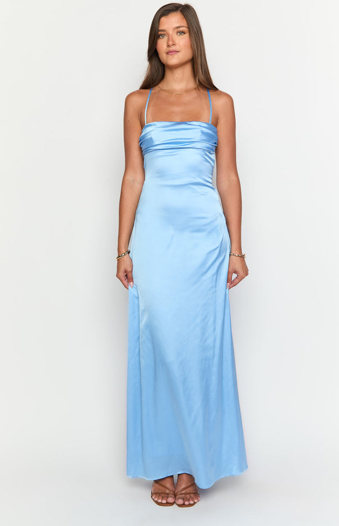 Full length front view of a sky blue satin maxi dress with a soft cowl neckline and thin straps