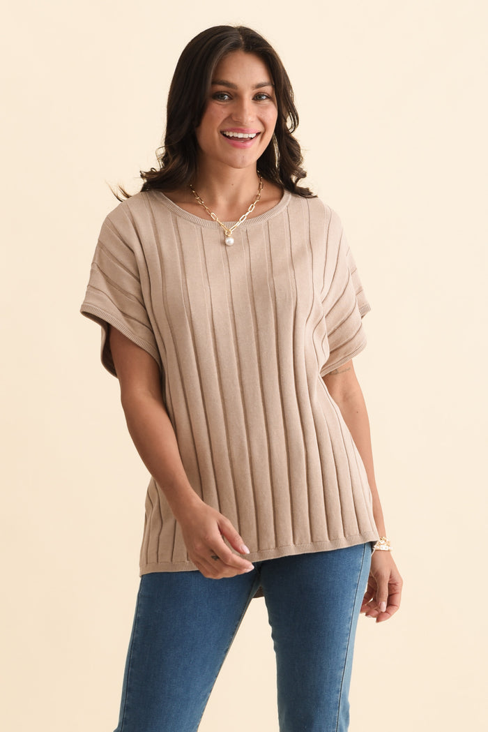 Blake Beige Cotton Linen Knit Top,Brunette model,alt text|model:Brontie