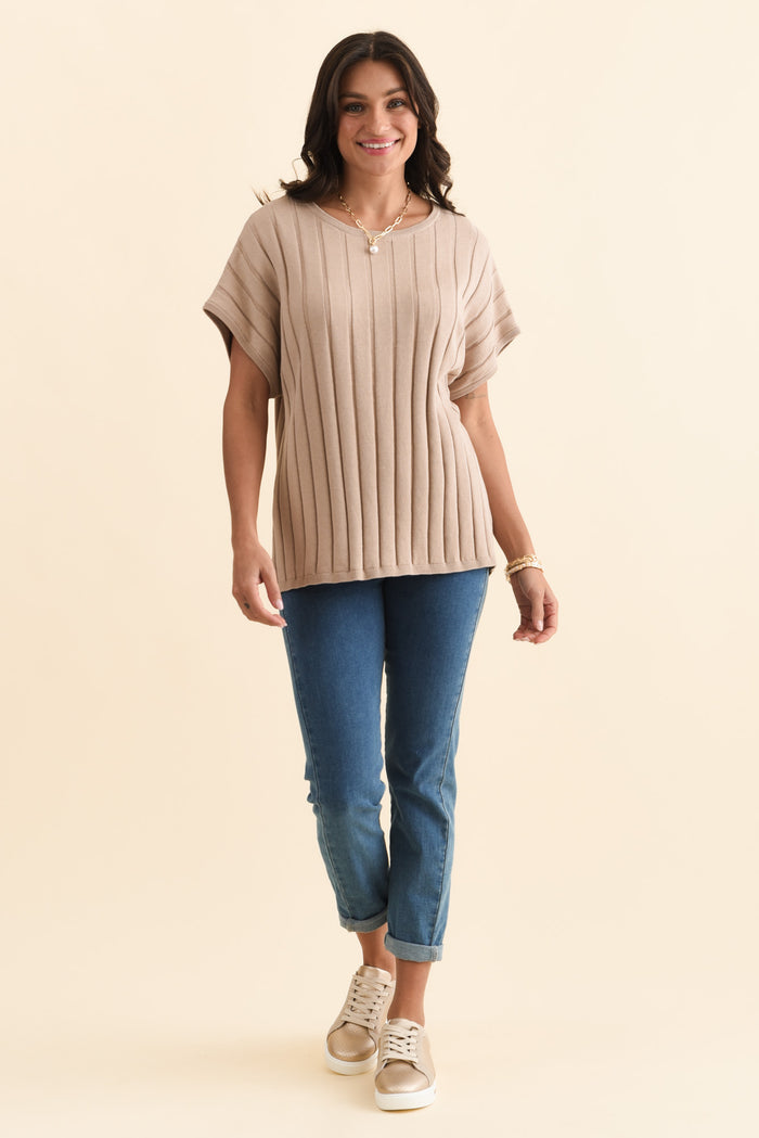 Blake Beige Cotton Linen Knit Top,Brunette model,alt text|model:Brontie