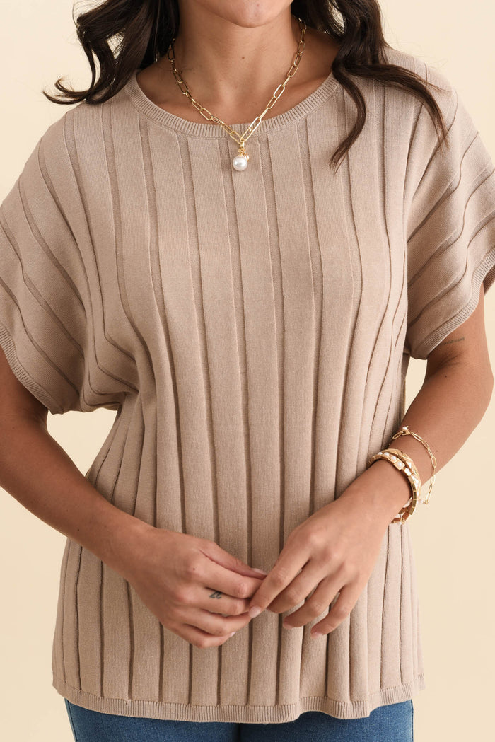 Blake Beige Cotton Linen Knit Top,Brunette model,alt text|model:Brontie