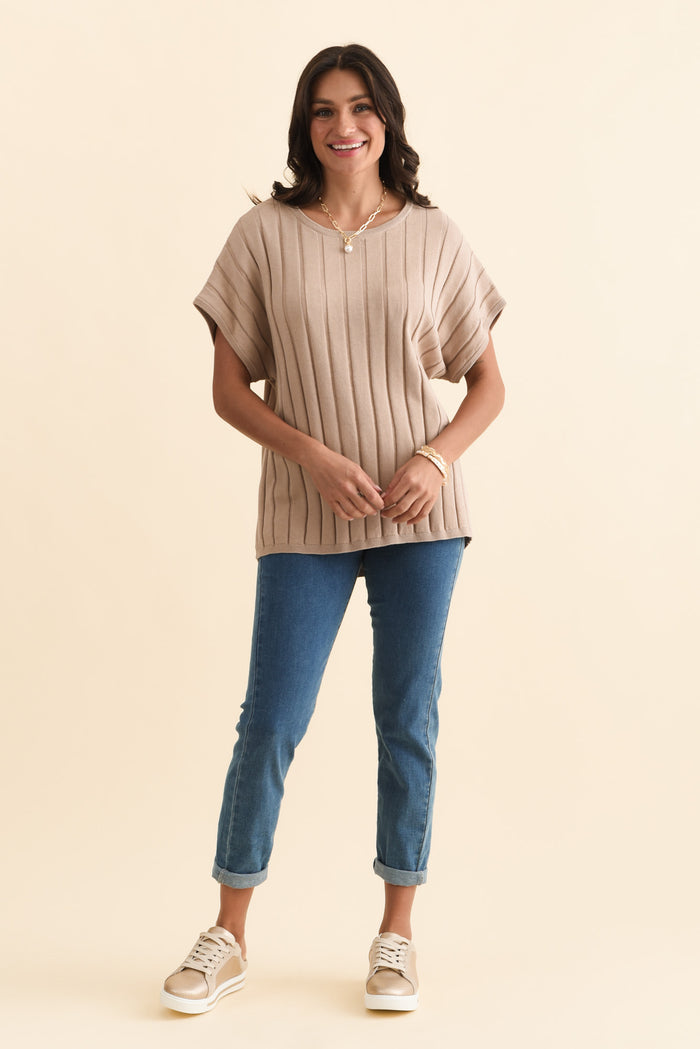 Blake Beige Cotton Linen Knit Top,Brunette model,alt text|model:Brontie
