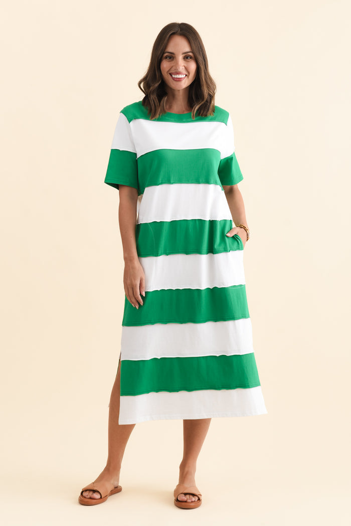 Bold Green Stripe Cotton Tee Dress,Brunette model,alt text|model:MJ