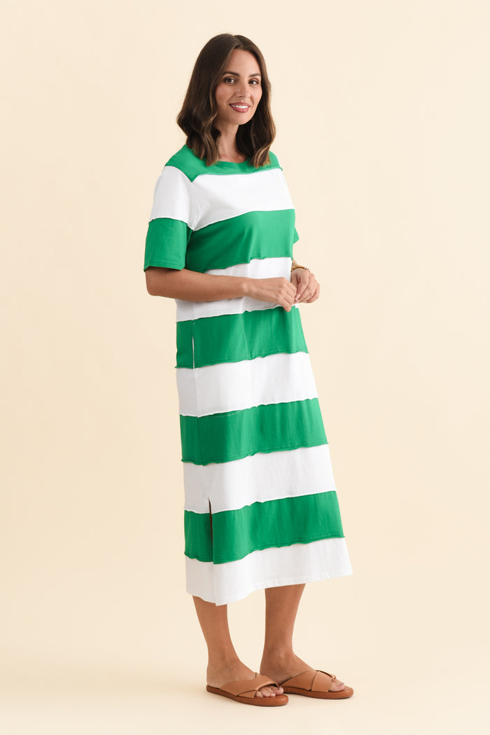 Bold Green Stripe Cotton Tee Dress,Brunette model,alt text|model:MJ