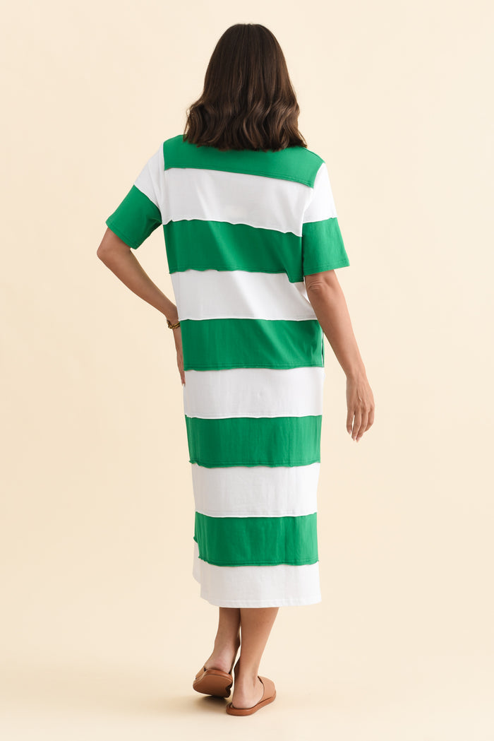 Bold Green Stripe Cotton Tee Dress,Brunette model,alt text|model:MJ