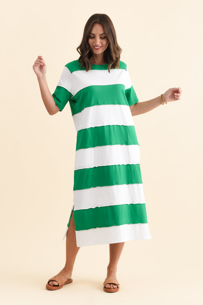 Bold Green Stripe Cotton Tee Dress,Brunette model,alt text|model:MJ