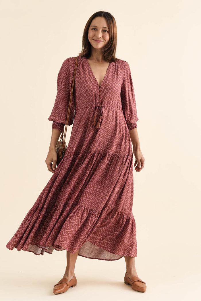 Boleyn Pink Geo Tie Dress,brunette model,Front of Outfit,alt text|model:Cara