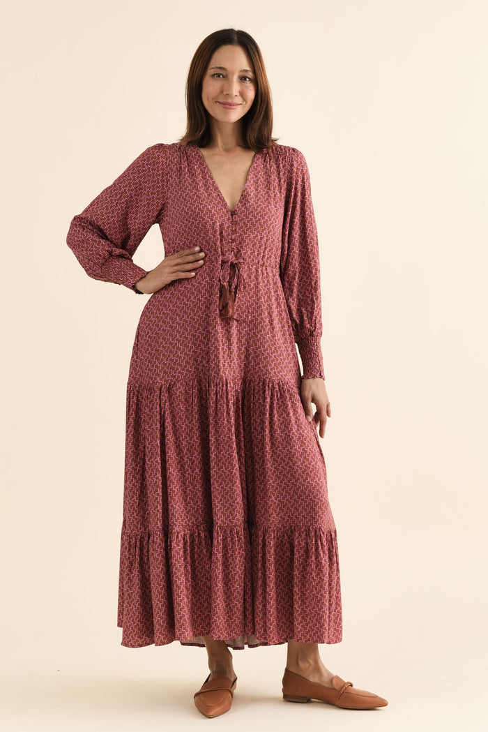 Boleyn Pink Geo Tie Dress,brunette model,Full Outfit,alt text|model:Cara