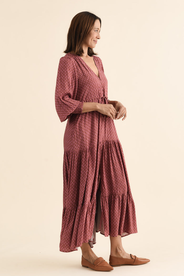 Boleyn Pink Geo Tie Dress,brunette model,Side of Outfit,alt text|model:Cara