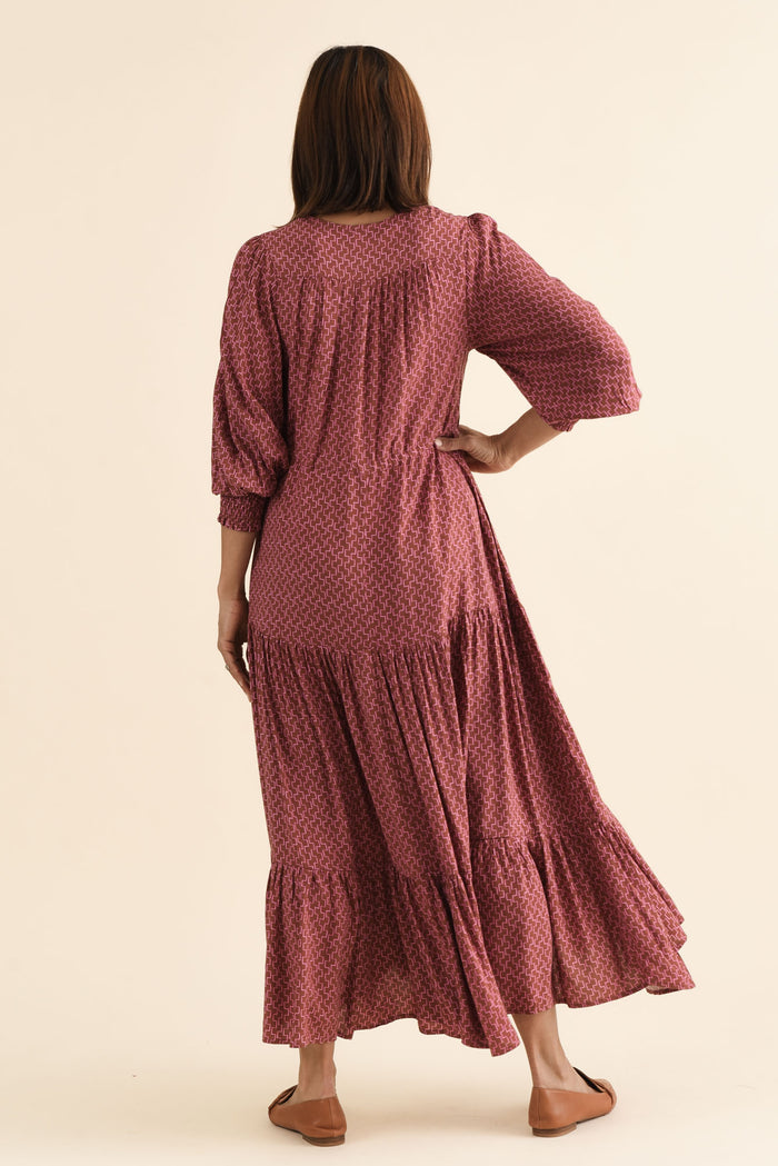Boleyn Pink Geo Tie Dress,brunette model,Back of Outfit,alt text|model:Cara