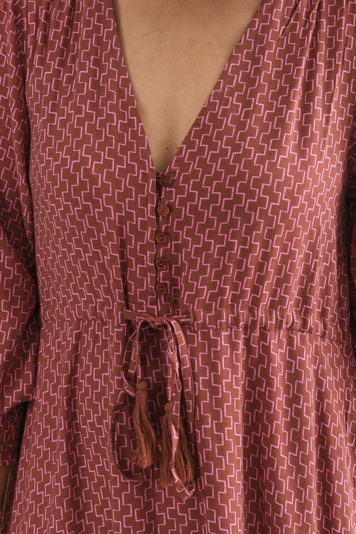 Boleyn Pink Geo Tie Dress,brunette model,Close up of outfit,alt text|model:Cara