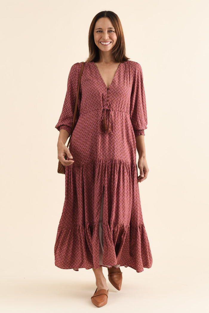 Boleyn Pink Geo Tie Dress,brunette model,Full Outfit,alt text|model:Cara
