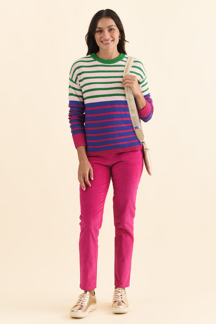 Bonaire Blue Stripe Organic Cotton Knit Jumper,Brunette model,alt text|model:Brontie