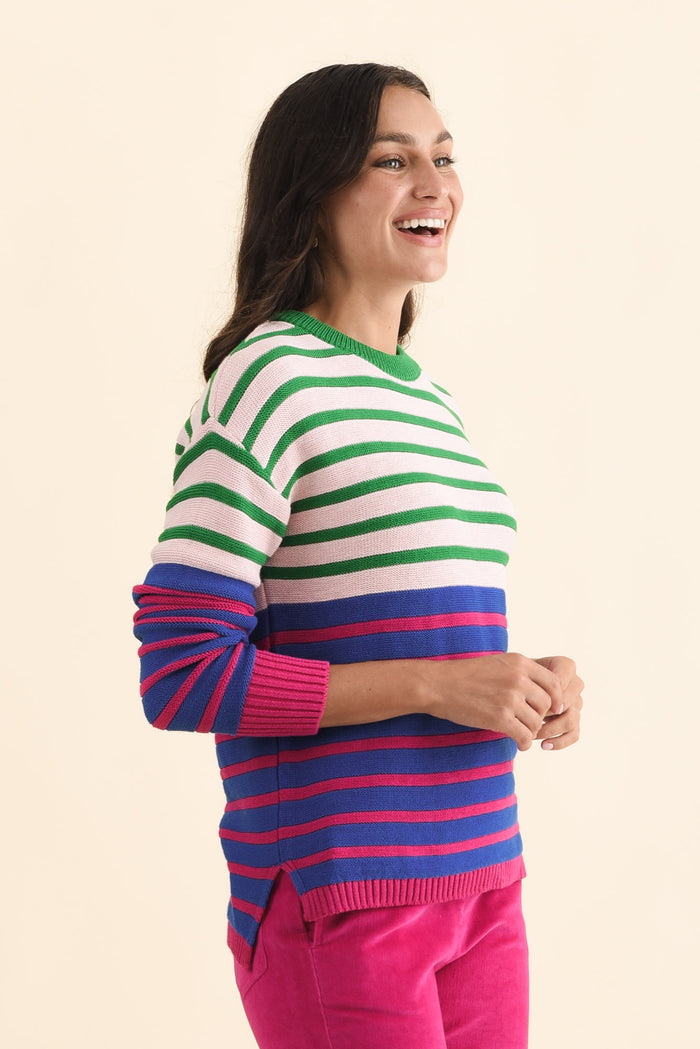 Bonaire Blue Stripe Organic Cotton Knit Jumper,Brunette model,alt text|model:Brontie