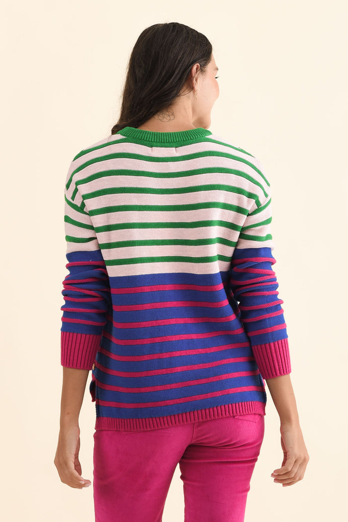 Bonaire Blue Stripe Organic Cotton Knit Jumper,Brunette model,alt text|model:Brontie