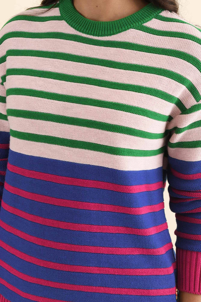 Bonaire Blue Stripe Organic Cotton Knit Jumper,Brunette model,alt text|model:Brontie