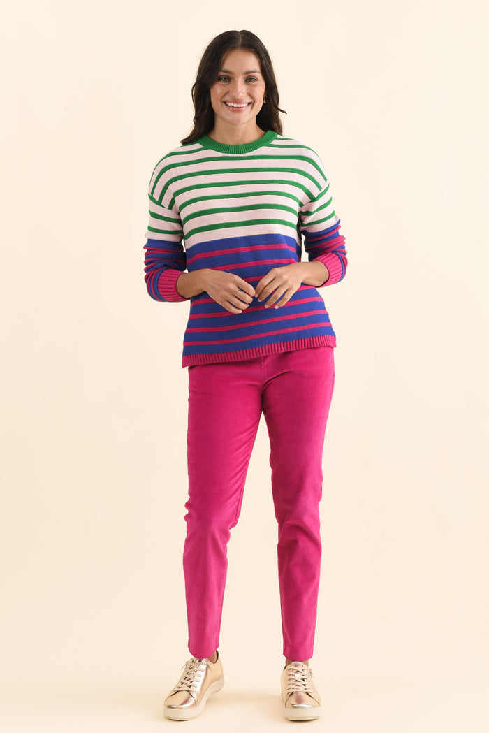 Bonaire Blue Stripe Organic Cotton Knit Jumper,Brunette model,alt text|model:Brontie
