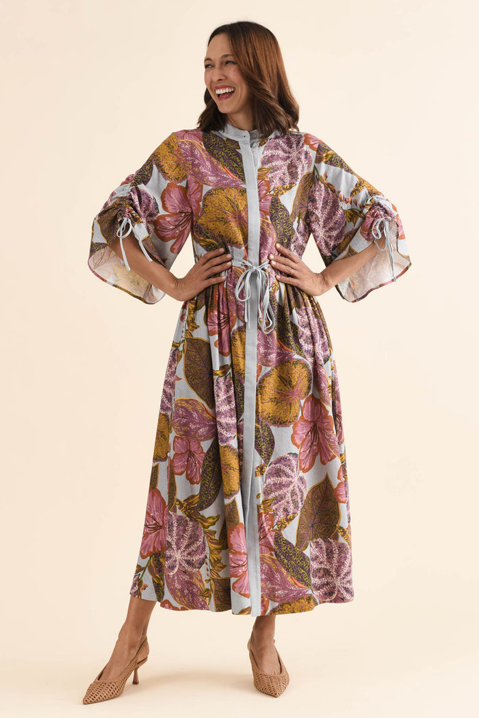 Botanica Purple Leaf Button Dress,Full Body,Brunette model,alt text|model:Cara