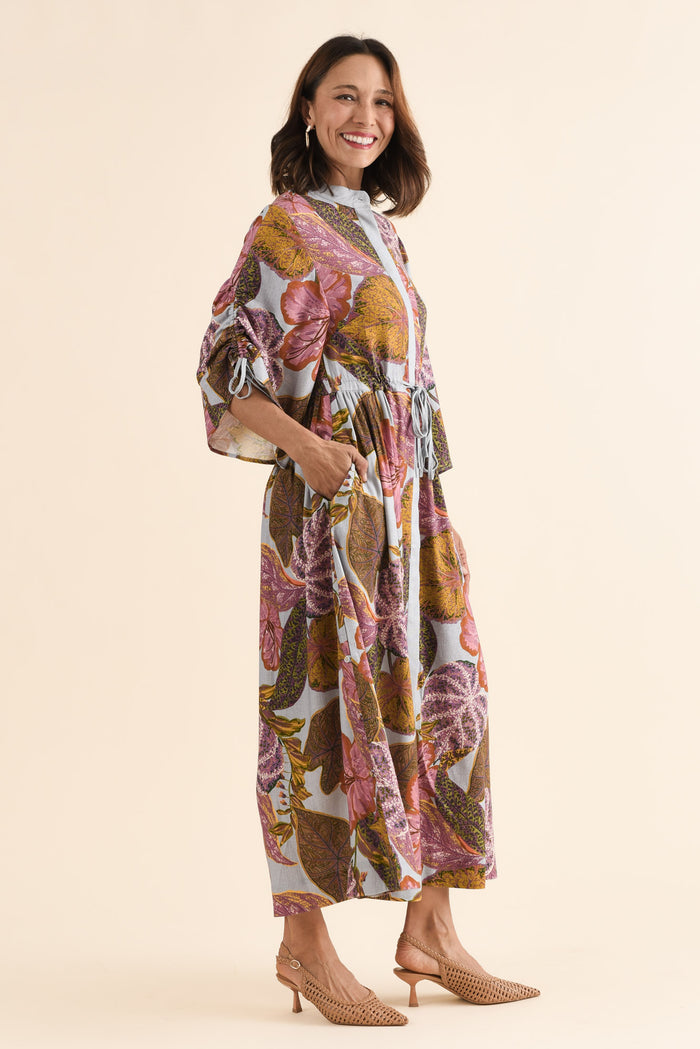 Botanica Purple Leaf Button Dress,Side,Brunette model,alt text|model:Cara