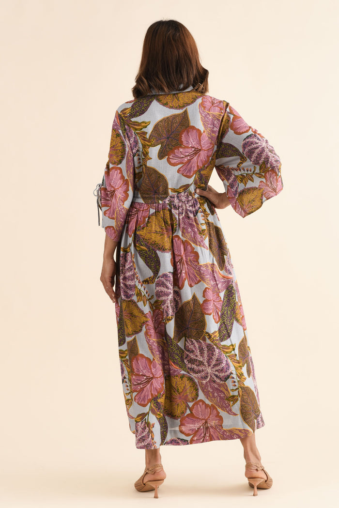 Botanica Purple Leaf Button Dress,Back,Brunette model,alt text|model:Cara