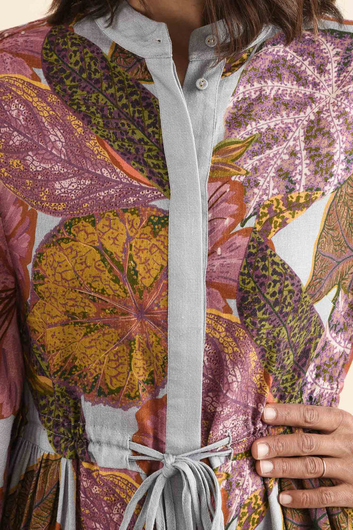 Botanica Purple Leaf Button Dress,Detail,Brunette model,alt text|model:Cara