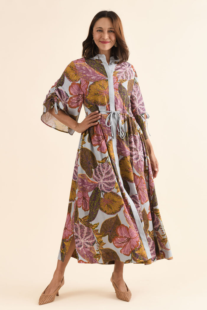Botanica Purple Leaf Button Dress,Full Body,Brunette model,alt text|model:Cara