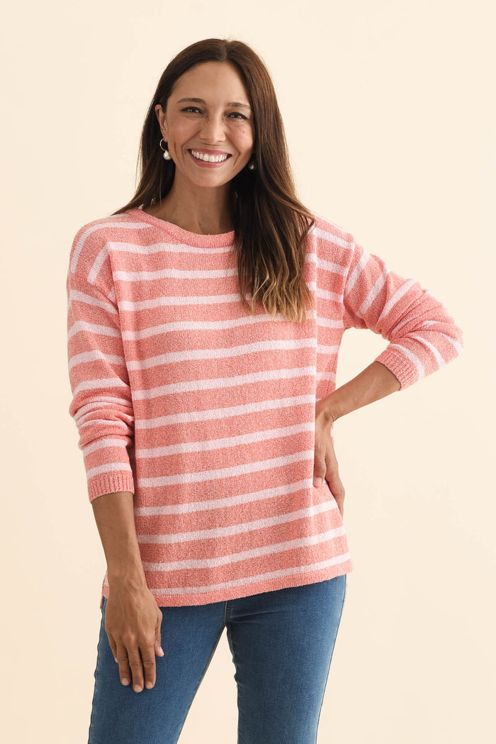 Bradford Coral Stripe Knit Top,Brunette model,alt text|model:Cara