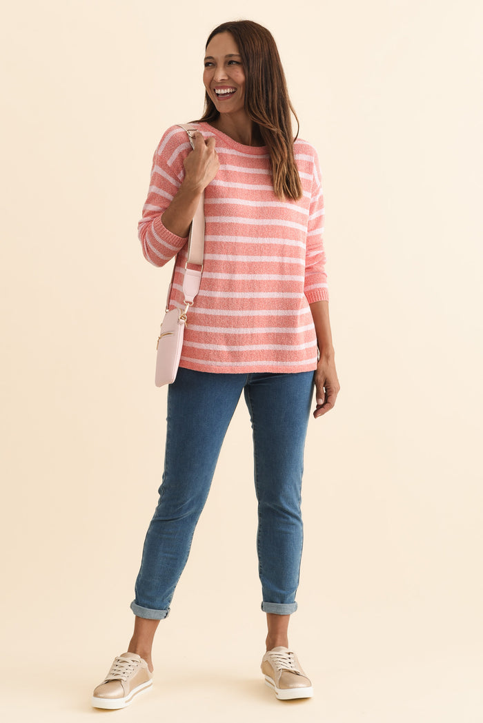 Bradford Coral Stripe Knit Top,Brunette model,alt text|model:Cara