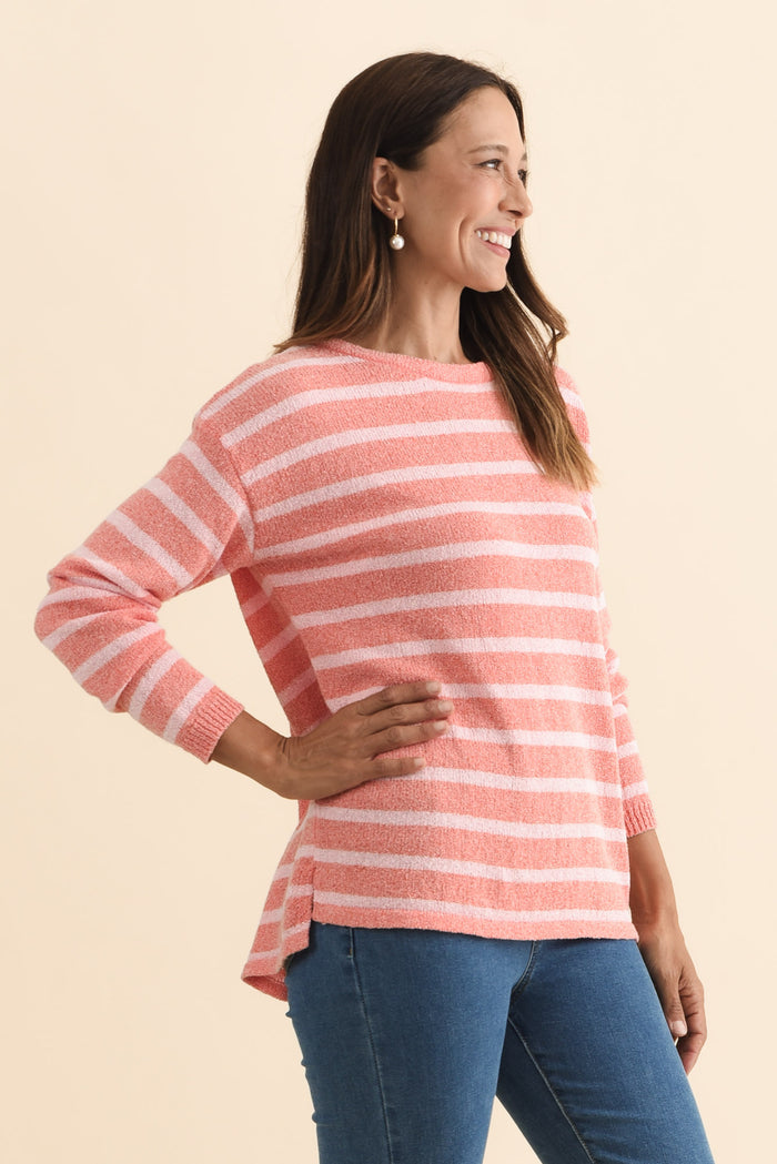 Bradford Coral Stripe Knit Top,Brunette model,alt text|model:Cara
